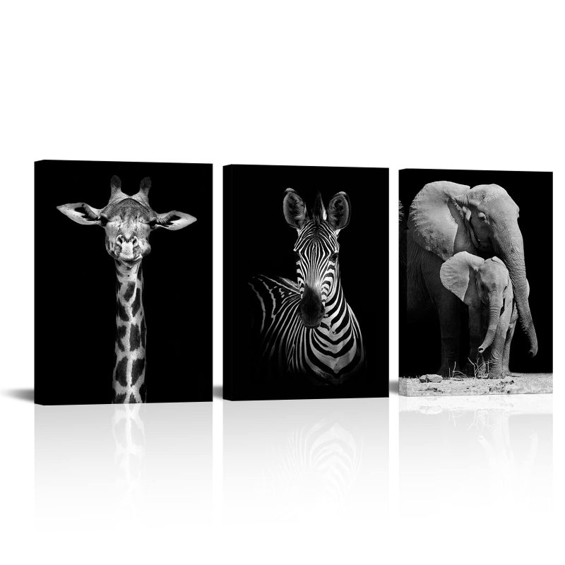 Visual Art Decor Black and White African Wildlife Canvas Wall Art Animal Zebra Giraffe Elephant Portrait Picture Poster Artwork for Home Living Room Bedroom Room Kids Room Office Wall Decoration Ready to Hang - Image 1
